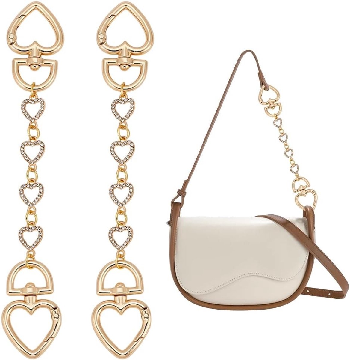 2 Stuks Handtas Verlengketting Gouden Ketting Vervanging met Kristallen Hartvorm voor Handtassen 17 cm, Ideaal voor Handgemaakte Accessoires en Mode