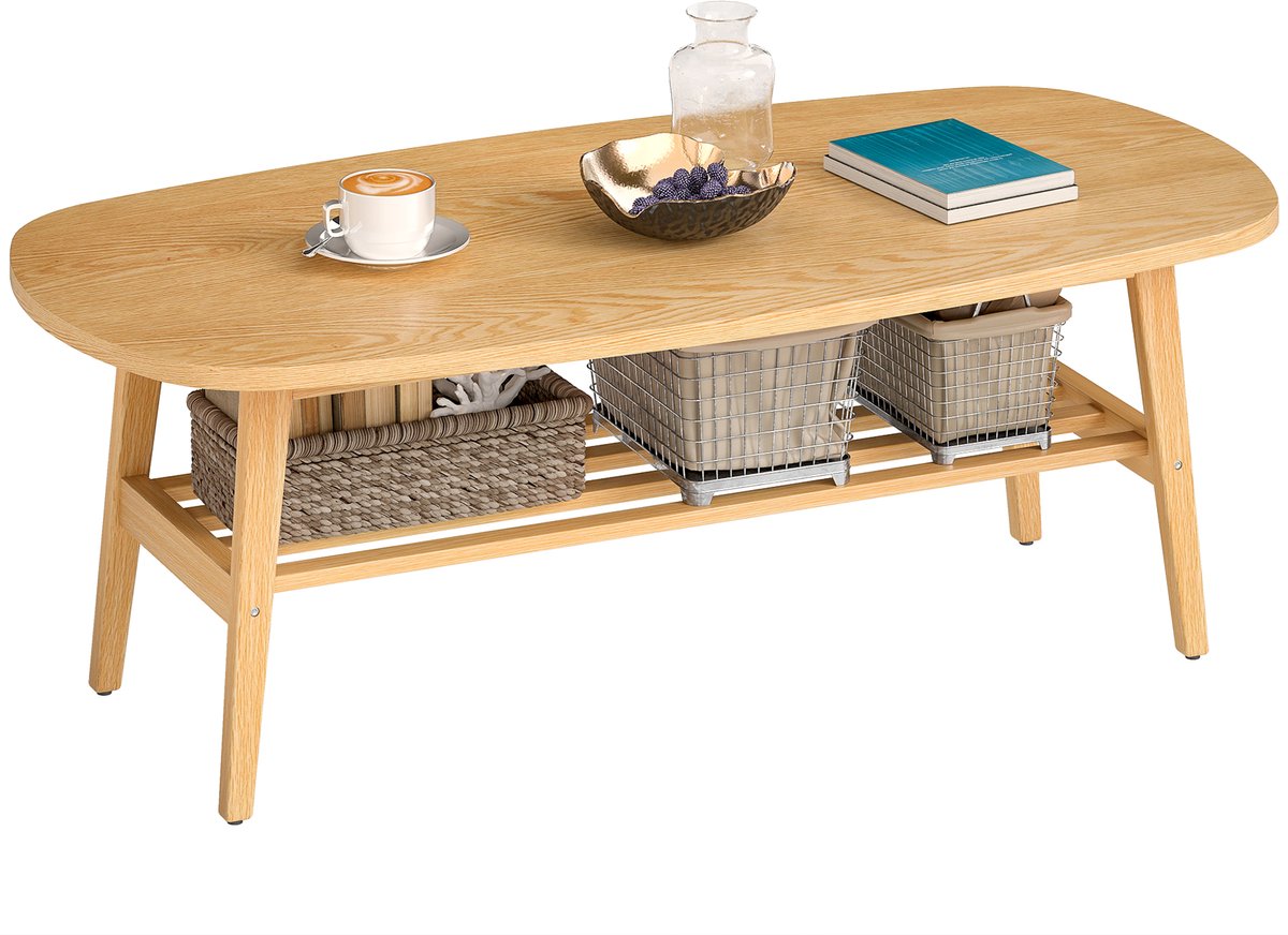 Salontafel - houten salontafel met 2 niveaus opbergplanken - Tafelpoten van massief hout - Natuurlijke houtafwerking
