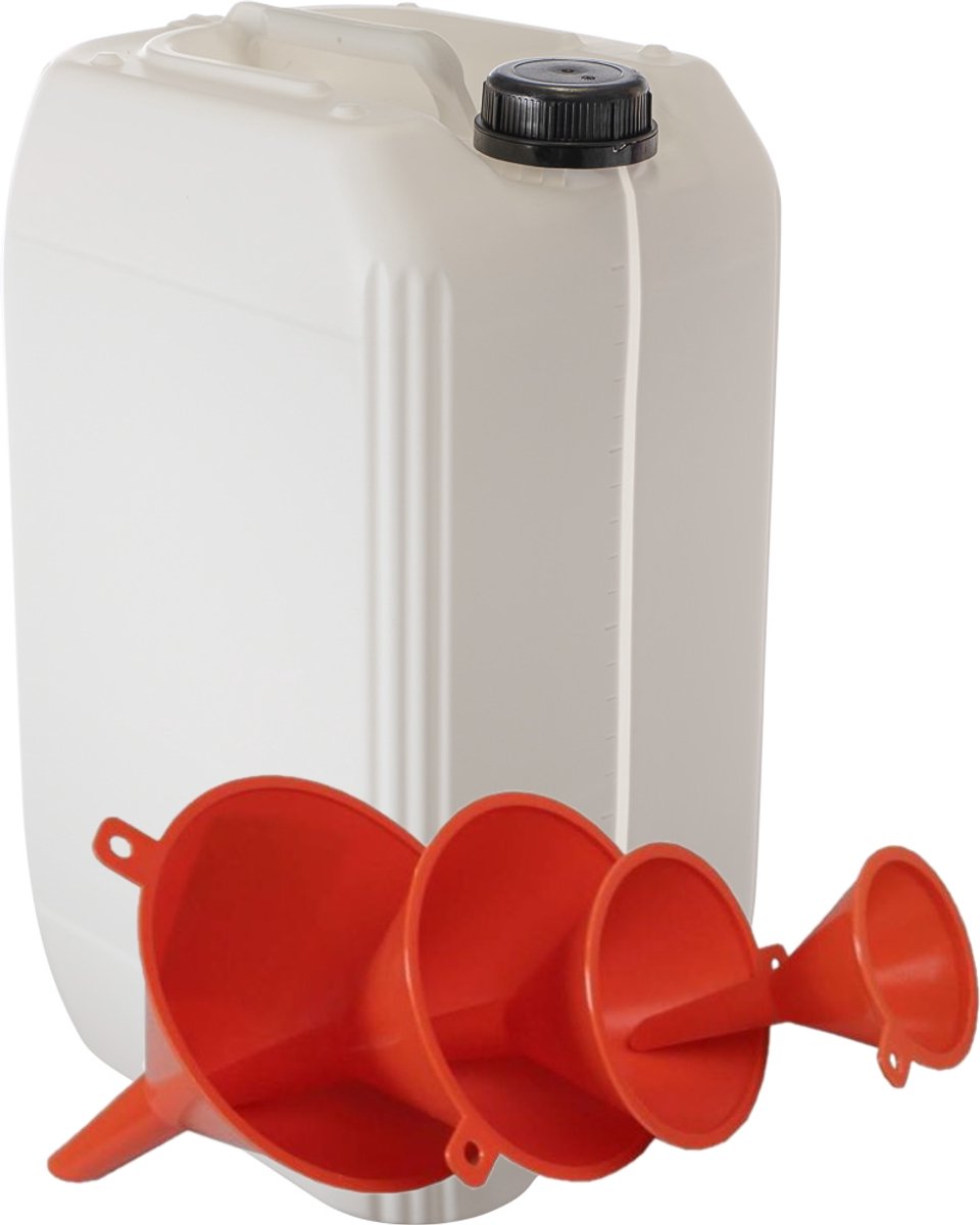 Jerrycan 25 liter | met 4-delige trechterset |met handige zichtstreep – handig stapelbaar – UN gekeurd – voor water en gevaarlijke vloeistoffen – inclusief dop – totaal te legen
