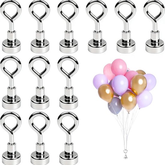 Twaalf zilveren magnetische ballon gewichten naast een tros ballonnen in pastelkleuren.