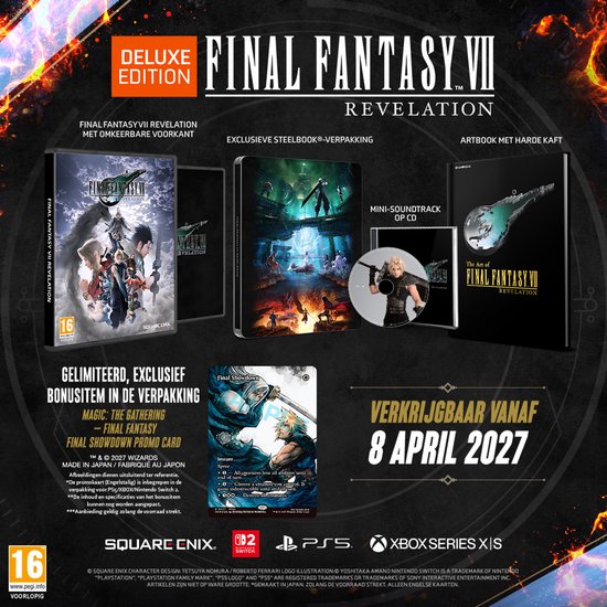 Final Fantasy VII Revelation Deluxe Edition met steelbook, artbook, soundtrack CD, promokaart en gamecase, allemaal in een sleeve.