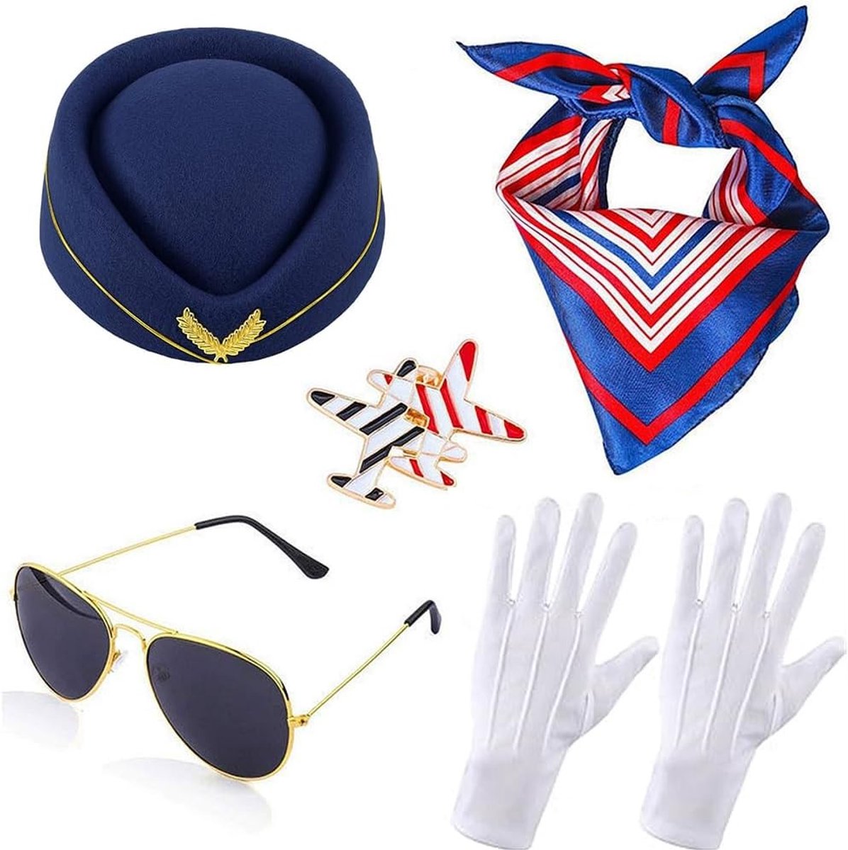 Vijfdelige kostuumset voor vrouwen met accessoires voor stewardess, inclusief handschoenen, goggles, sjaal, broche en baret voor themafeesten en cosplay evenementen