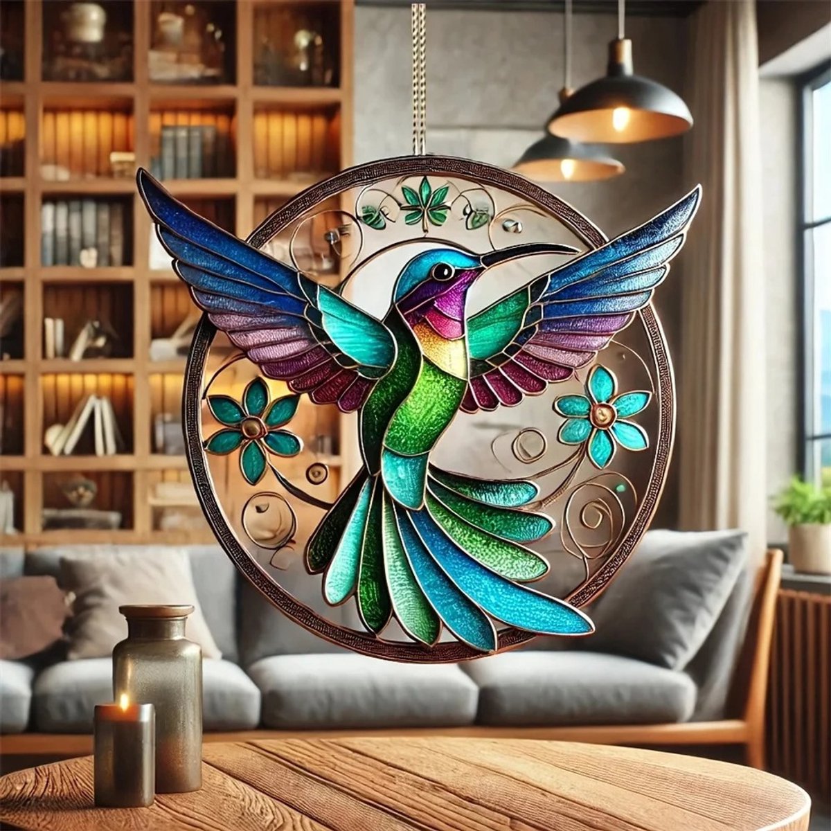 Suncatcher Kolibrie Groen & Blauw - Ronde Acryl Raamdecoratie Hanger - Glas-in-lood Stijl - 8 cm - Zonnevanger & Kersthanger