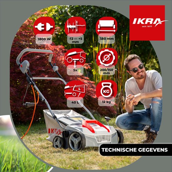 IKRA elektrische verticuteermachine en gazonbeluchter IEVL 1838, 1.800 W, werkt over een breedte van 38 cm, incl. rollen en opvangzak — afbeelding 5