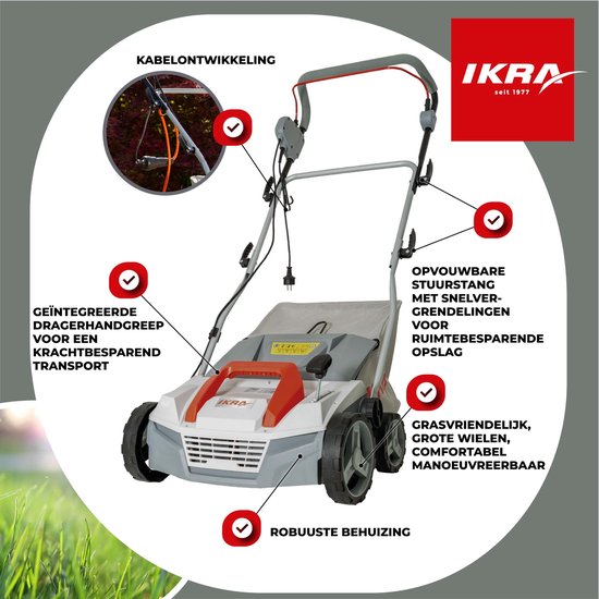 IKRA elektrische verticuteermachine en gazonbeluchter IEVL 1838, 1.800 W, werkt over een breedte van 38 cm, incl. rollen en opvangzak — afbeelding 3
