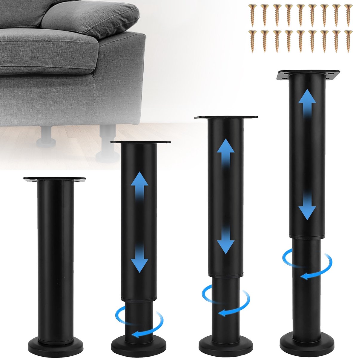 4 Verstelbare Meubelpoten - Tafelpoten - Metalen Vervangingspoten Met Schroeven - Steunpoot Voor Bureau/Bed/Bank/Tafel