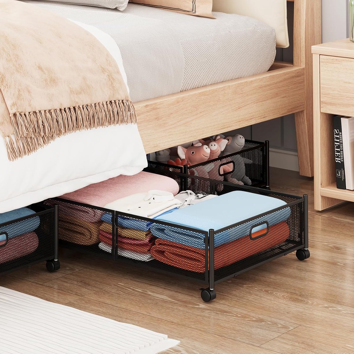 Onderbed Opbergbox 38L met Wielen en Rits, 40×60×16cm (B×L×H), Zwarte Opberghoes voor Kleding, Kussens, Dekbedden, Speelgoed, Boeken & Beddengoed