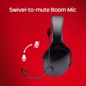 Zwarte gaming headset met een flexibele microfoonarm, die kan worden weggeklapt om het geluid te dempen. "Swivel-to-mute Boom Mic".