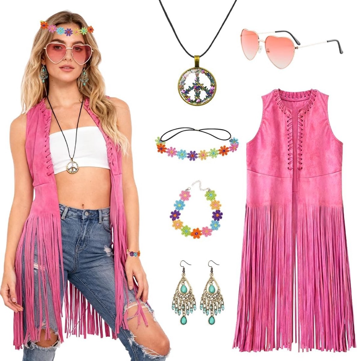 Hippie kostuum voor dames met vest, bril, vredesketting, haarband, armband en oorbellen voor themafeesten en carnaval