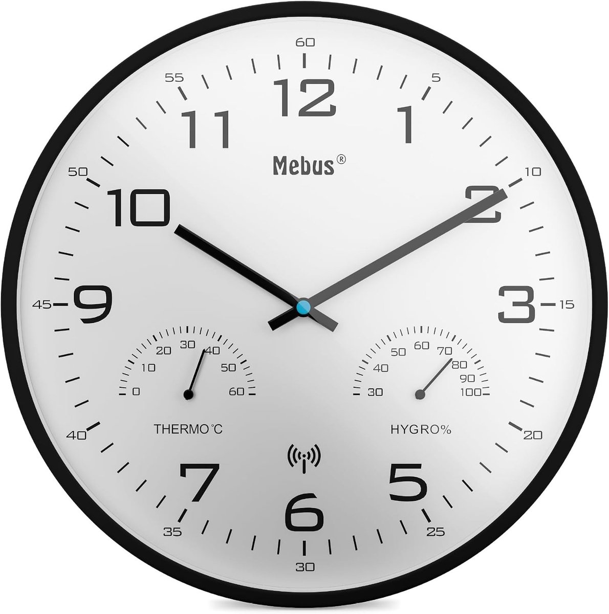 Radiogestuurd uurwerk - Zwart - 30 cm - Moderne draadloze wandklok met temperatuur- en vochtigheidsmeter - Voor woonkamer en keuken