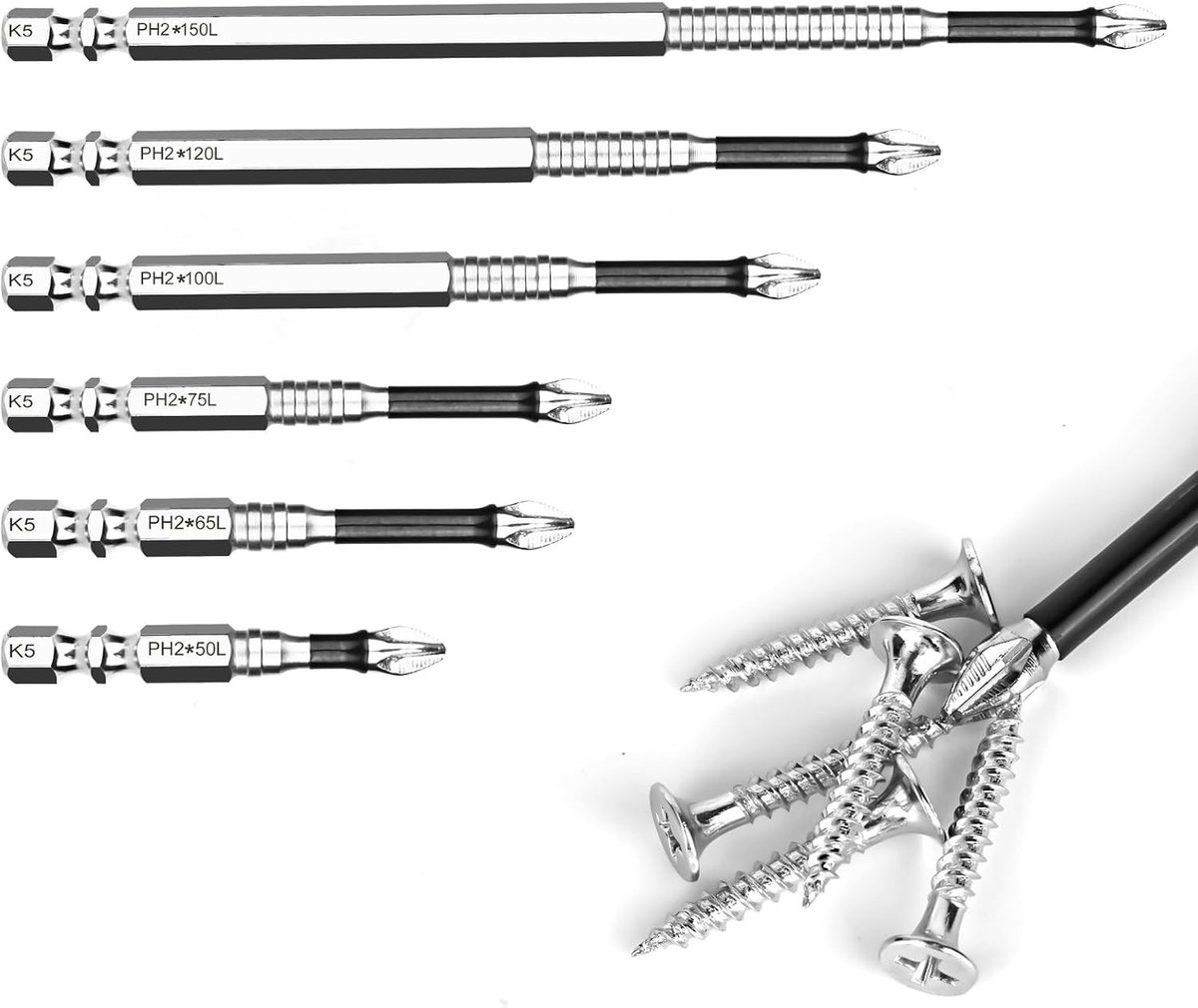 6-delige Magnetische Bit Set met Lange Bits van 50/65/75/100/120/150mm, 1/4 Inch Schacht, Schroevendraaier Set voor Elektrische Boor, Antislip, Phillips en Torx Bits