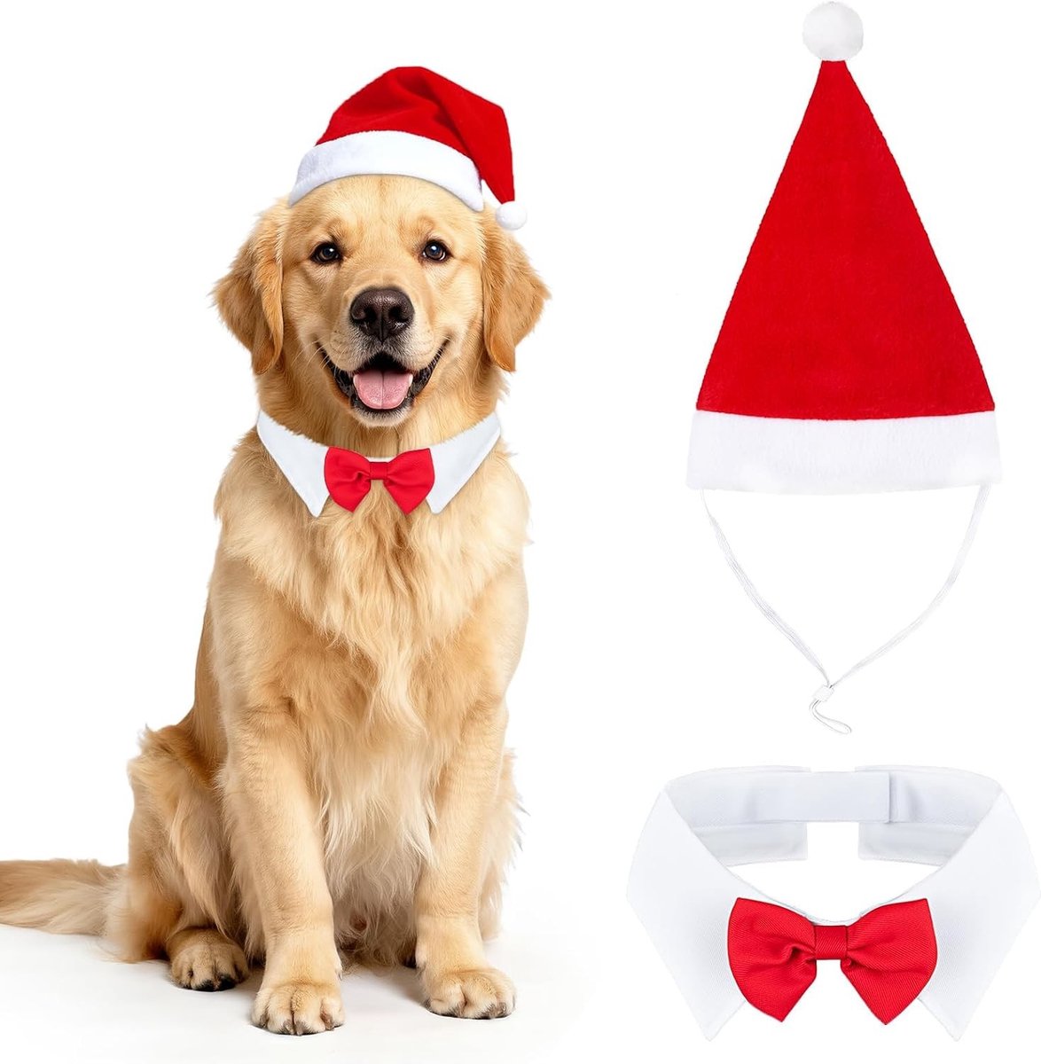 2 Stuks Kerstkostuum voor Huisdieren met Santa Hoed en Strik - Verstelbaar Kostuum voor Honden en Katten (22")