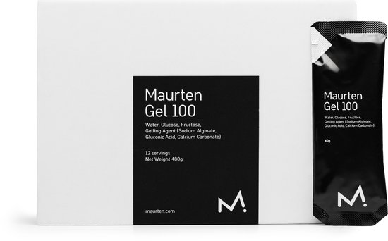 Maurten Gel 100: een witte doos met een zwarte zak met gel. Beide bevatten de tekst 'Maurten Gel 100'.
