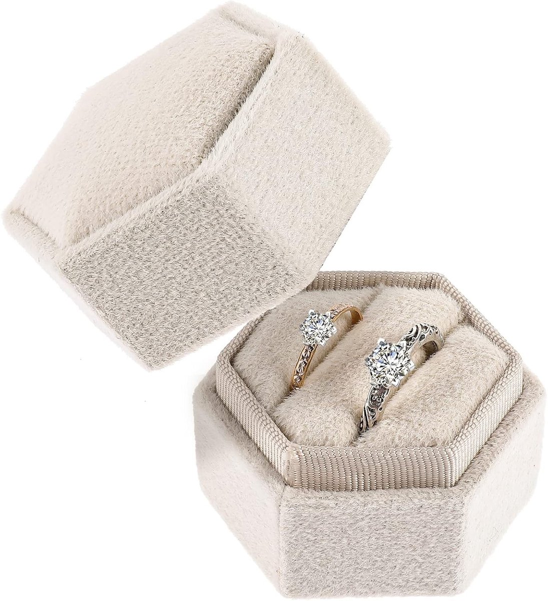 Elegante Verlovingsringdoos van Fluweel met Verwijderbaar Deksel, 2 Slots, Hexagon, Perfect voor Bruiloften en Ceremonies, Luxe Sieradenopbergdoos (Beige)