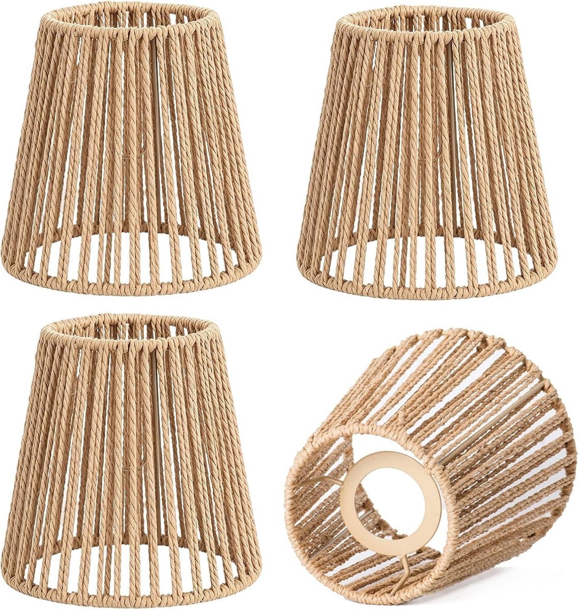 Boho Rattan Lampenkap Set van 4, Handgemaakte Rieten Lampenkappen voor Vloerlampen, Tafellampen en Hanglampen, 10 x 14 x 14 cm