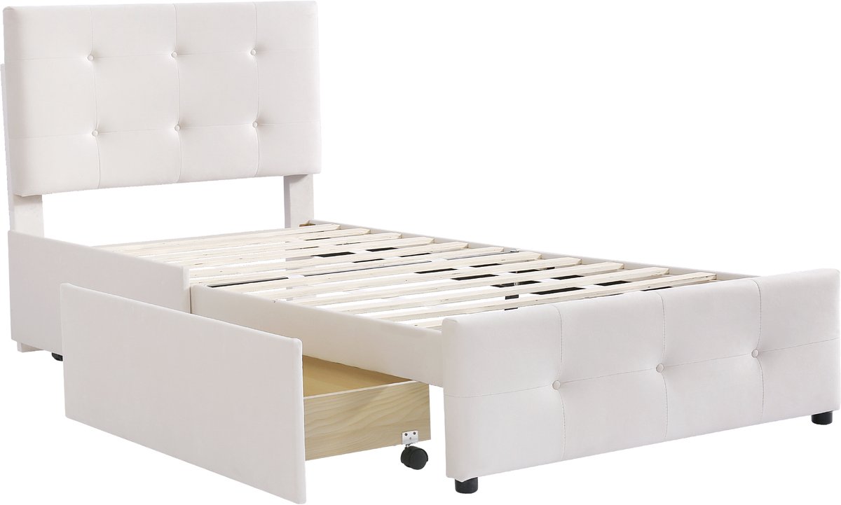 WUVRIE Beige gestoffeerd bed 90x200 cm met lattenbodem en 2 lades voor kinderkamer