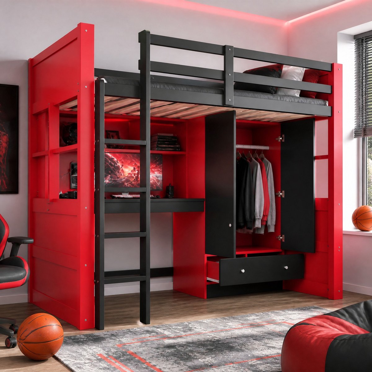 COVREO Hoogslaper met ladder – 90x200 cm – Kinderbed met bureau en kast – met lades en LED – Zwart/Rood - zonder matras Zwart+Rood