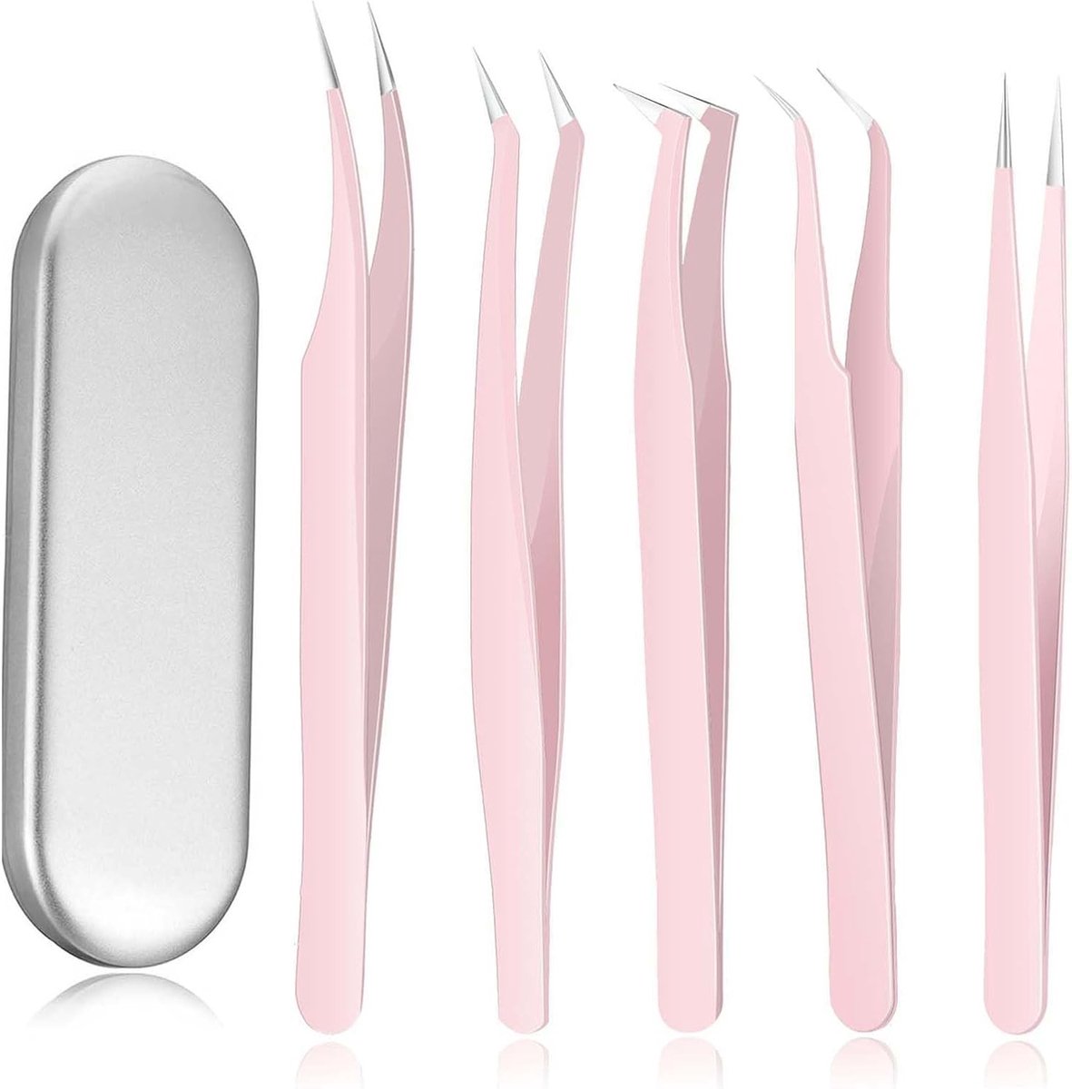 Set van 5 RVS Wimperspeldjes voor Wimperextensions met Opbergdoos - Curved en Volume Wimperpincet voor Valse Wimpers Toepassing