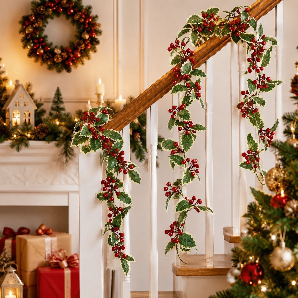 Kerstslinger met Rode Bessen – Kunstmatige Kerstdecoratie – Flexibele Slinger voor Kerstboom, Deur, Schouw en Trapleuning – Kerstversiering – Voor Kerst en Nieuwjaar – Groen, Wit & Rood – 175 cm – 1 Stuk