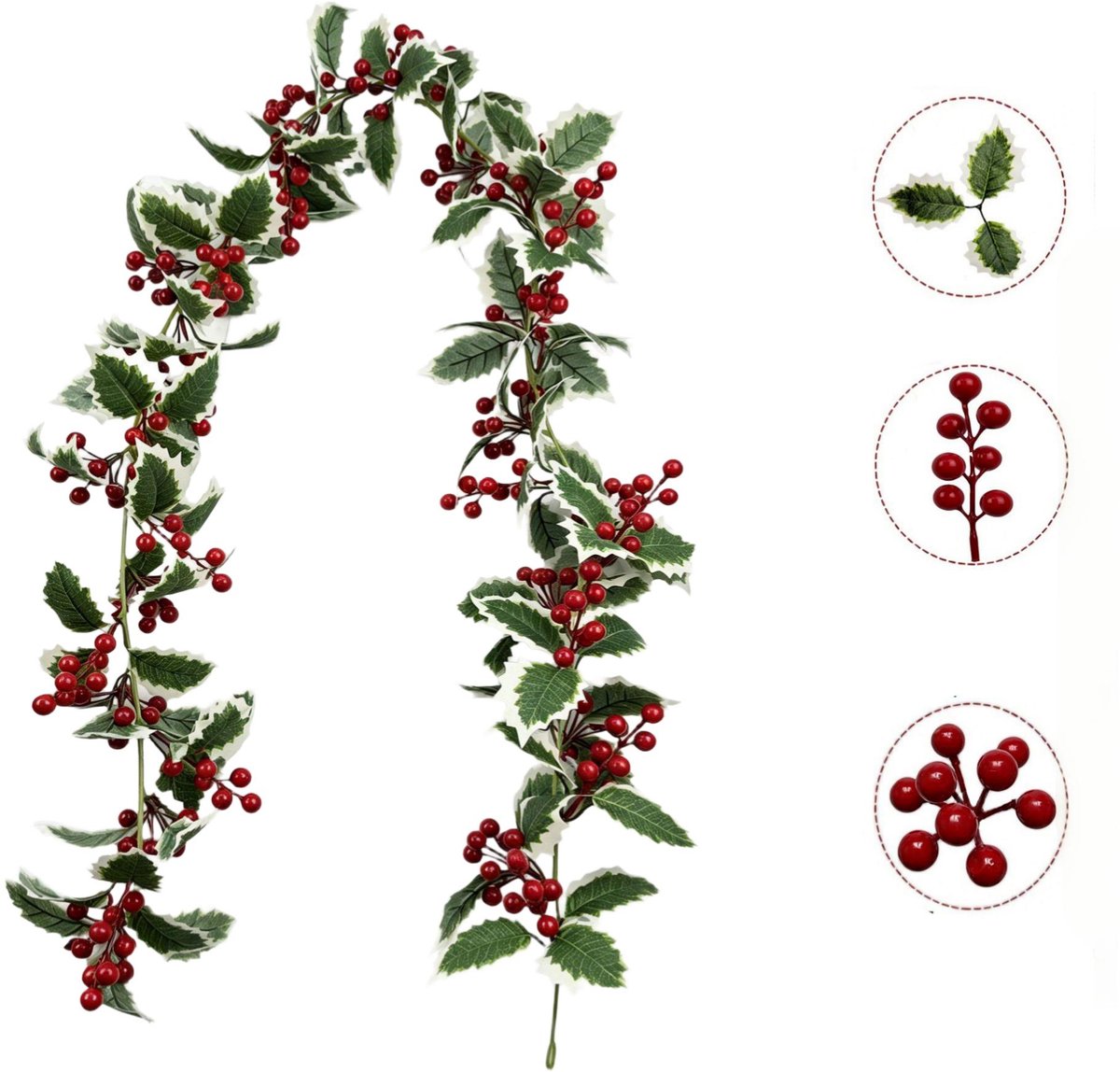 Kerstslinger met Rode Bessen – Kunstmatige Kerstdecoratie – Flexibele Slinger voor Kerstboom, Deur, Schouw en Trapleuning – Kerstversiering – Voor Kerst en Nieuwjaar – Groen, Wit & Rood – 175 cm – 1 Stuk – foto 2