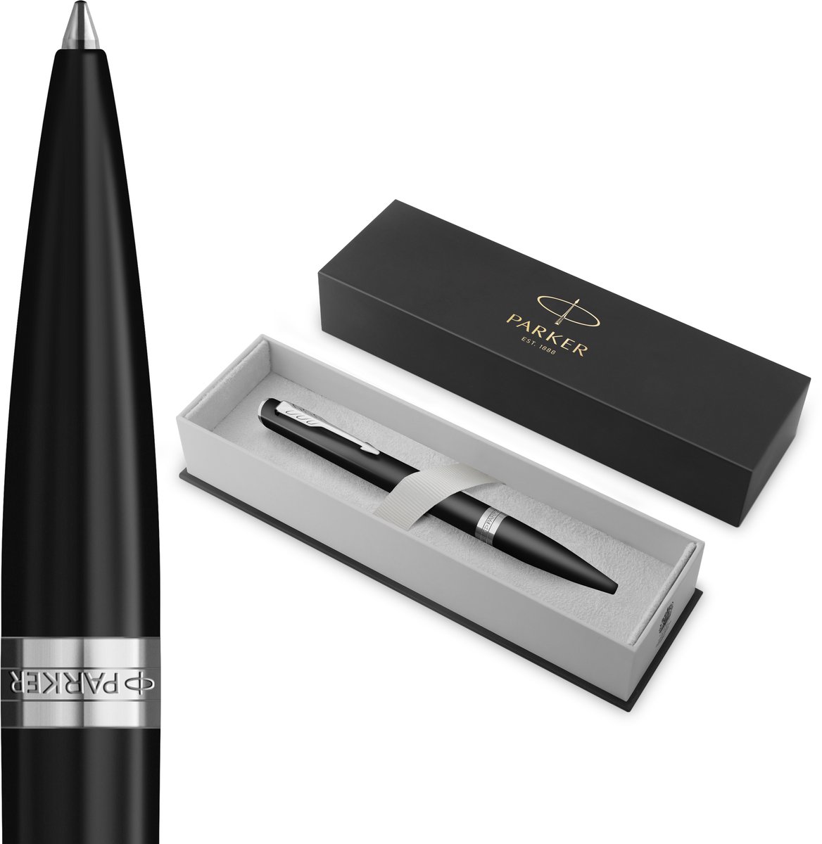 Parker Meridian Balpen | Matte zwarte lak met chromen afwerkingen | Middelgrote penpunt | Handschriftpennen & Schrijfwaren | Blauwe inkt | Luxe Cadeaudoos