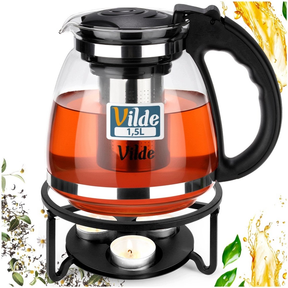 Theepot met infuser en warmer - 1.5L Borosilicaatglas