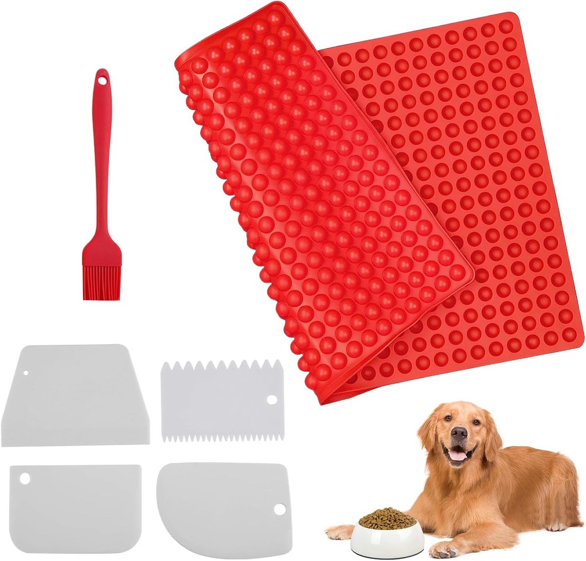 Half Ronde Bakmat voor Hondensnoepjes met 468 Gaten, Siliconen Bakvorm, Inclusief Spatula en Borstel voor Perfecte Hondensnacks