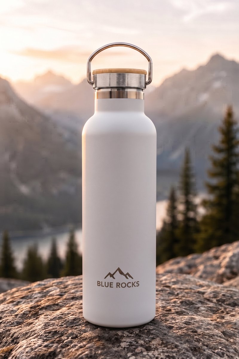 Blue Rocks® - Summit White - Thermosfles 750ml - Waterfles - Dubbelwandige drinkfles - Plasticvrij - Loodvrij - Geisoleerde fles - Warme en Koude dranken - Perfect voor Reizen, Wandelen, Werk, Sport, Yoga - Dagelijks gebruik - RVS - Wit - White thumbnail 4