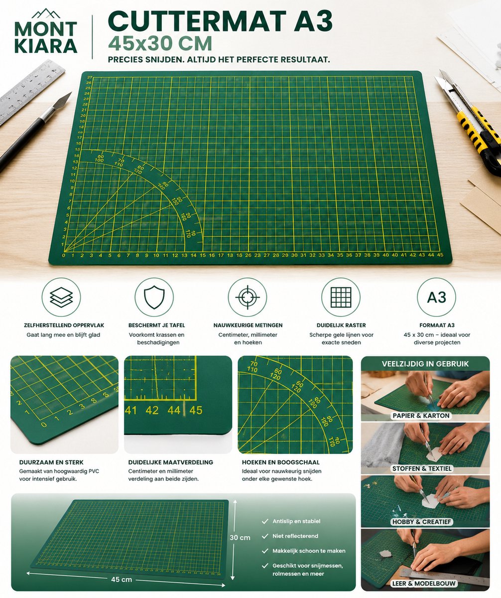 Mont Kiara Snijmat A3 45 x 30 cm – Zelfherstellende Cuttermat – Snijmat met Raster & Hoekverdeling – Voor Papier, Karton, Stof, Hobby & Creatief Werk