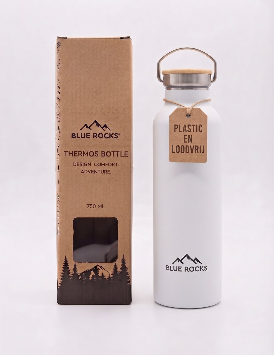 Blue Rocks® - Summit White - Thermosfles 750ml - Waterfles - Dubbelwandige drinkfles - Plasticvrij - Loodvrij - Geisoleerde fles - Warme en Koude dranken - Perfect voor Reizen, Wandelen, Werk, Sport, Yoga - Dagelijks gebruik - RVS - Wit - White