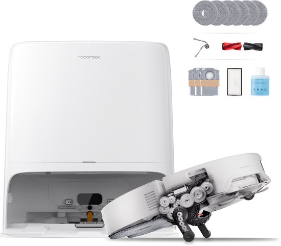 Witte robotstofzuiger met dockingstation en schoonmaakaccessoires.