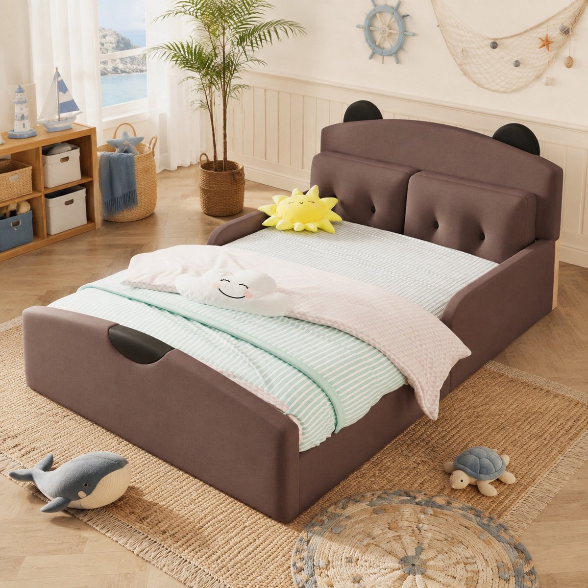 Kinder Bed 140 x 200 Cm - Beren Hoofdbord Met Zachte Bekleding - Platformbed Met 2 Sierkussens - Stof - Coffee - Zonder Matras