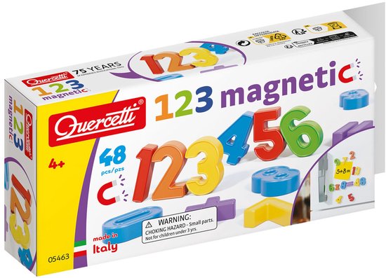 Doos met Quercetti magnetische cijfers 1-6, 48 stuks. Gemaakt in Italië. Waarschuwing: verstikkingsgevaar.