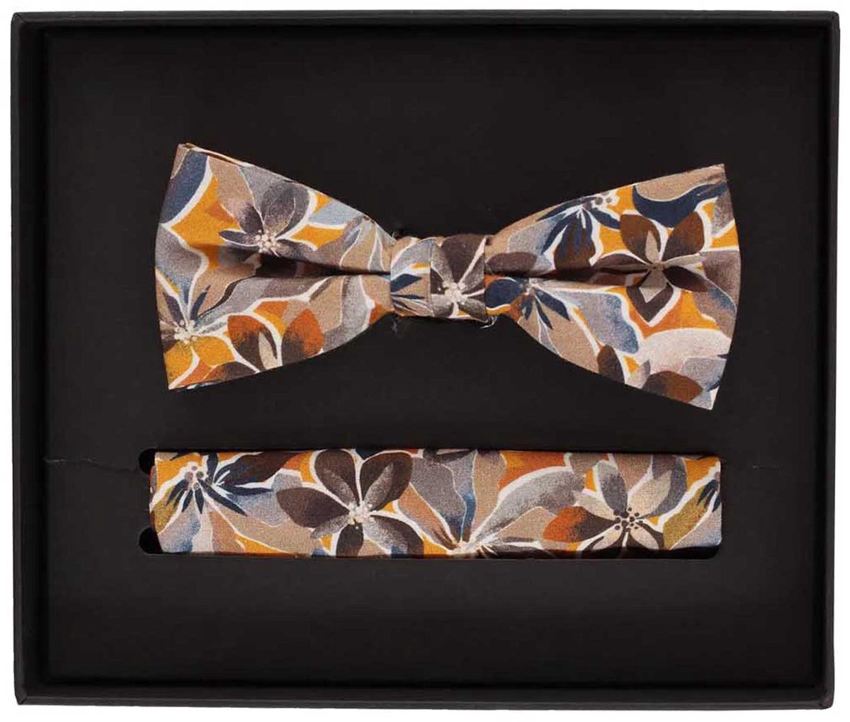 VENTI set met vlinderdas en pochet - beige met blauw en bruin dessin