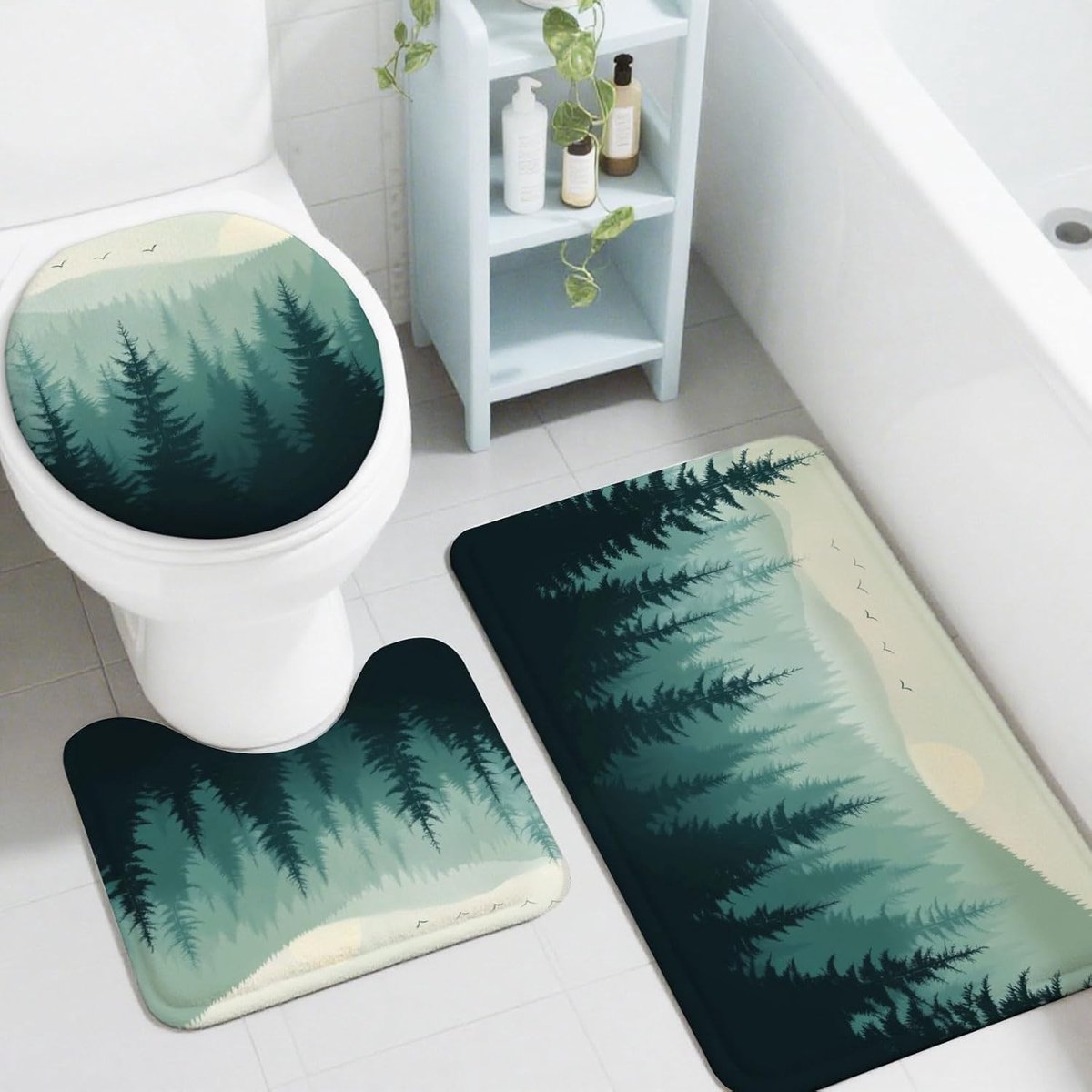 Nebelwald 3-delige Badkamer Tapijt Set met Toiletdeksel, Antislip Badmat en Douchetapijt voor Comfort en Veiligheid