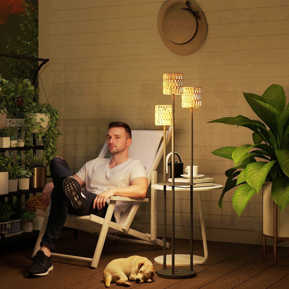 COVREO Solar staande lamp met 3 lichtpunten – Ø37x144 cm – Rattan buitenlamp met plank en sensor – voor tuin en balkon – Geel