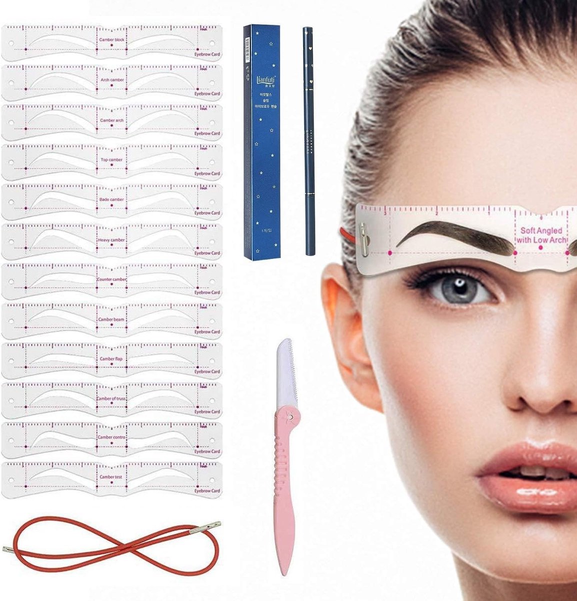 Set van 12 Oogbrow Sjablonen voor Beginners met Vaste Koord en Oogbrow Scheermes, Herbruikbare DIY Stempel voor Snelle Make-up en Perfecte Vormgeving