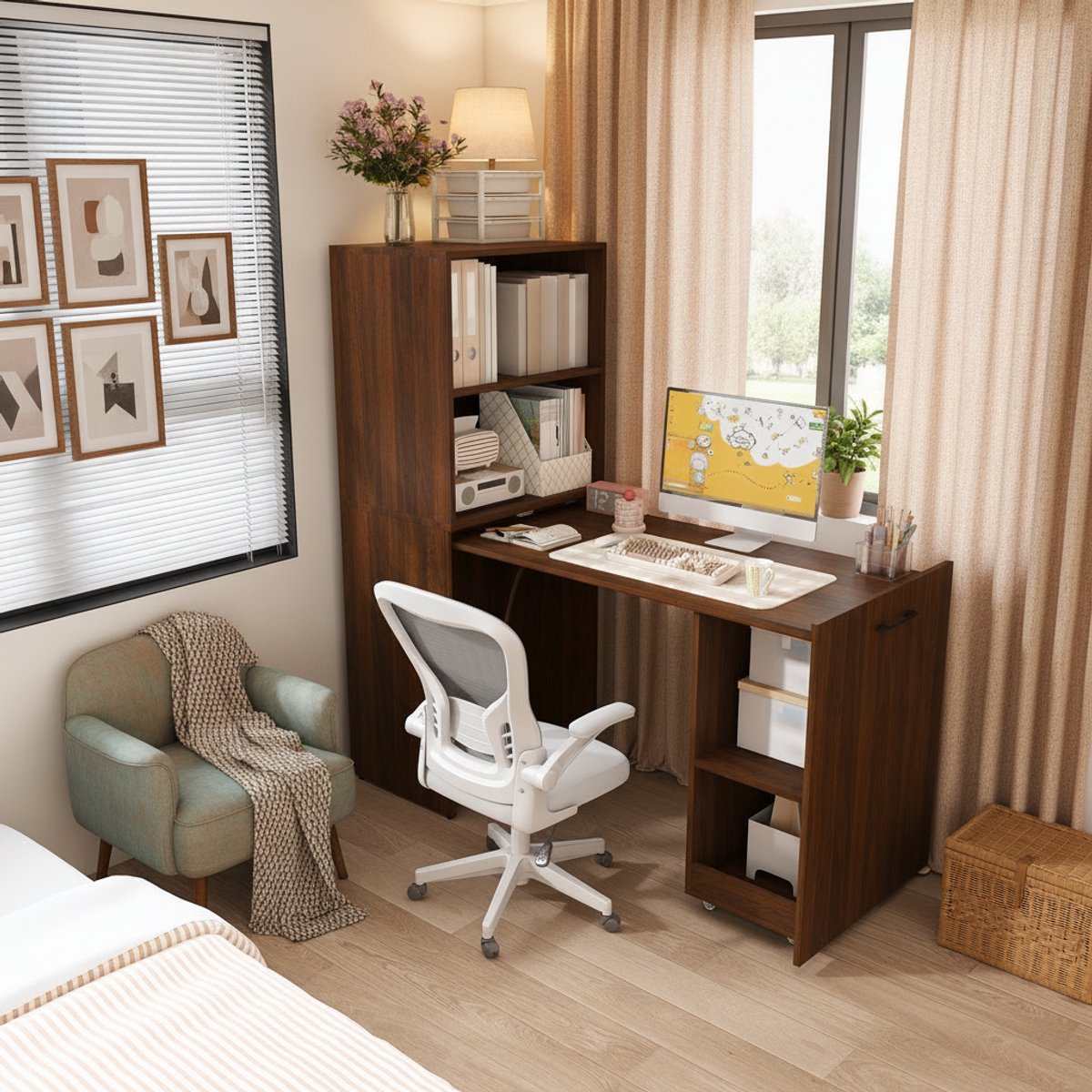 Bureau tafel vertelbaar - Uitschuifbaar Bureau - Bureautafel - Bureautafel voor volwassenen - Bureau tafel vertelbaar - Kluisje - Computerbureau - 136x126x55 cm - Moderne stijl - Walnootkleur
