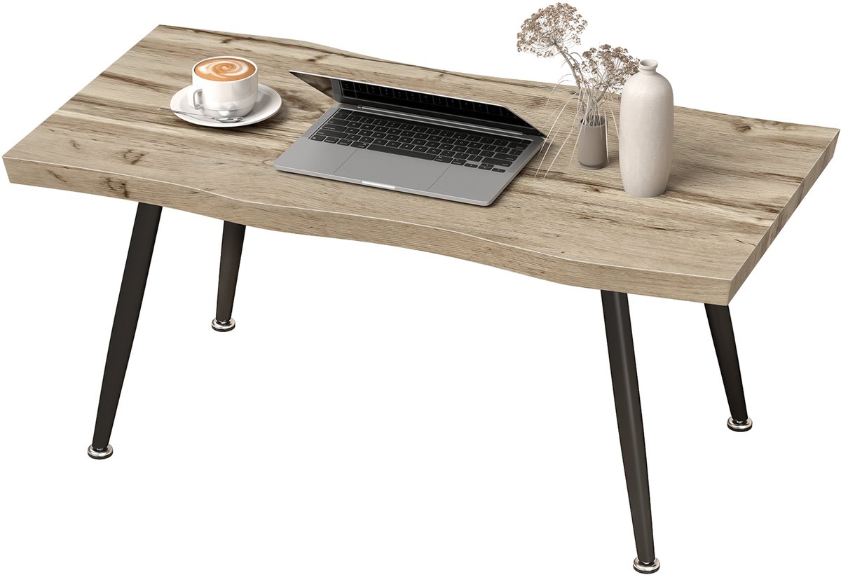 Salontafel/bijzettafel met stalen poten-4 cm dik tafelblad-100 x 50 x 45 cm - eikenhout en zwart