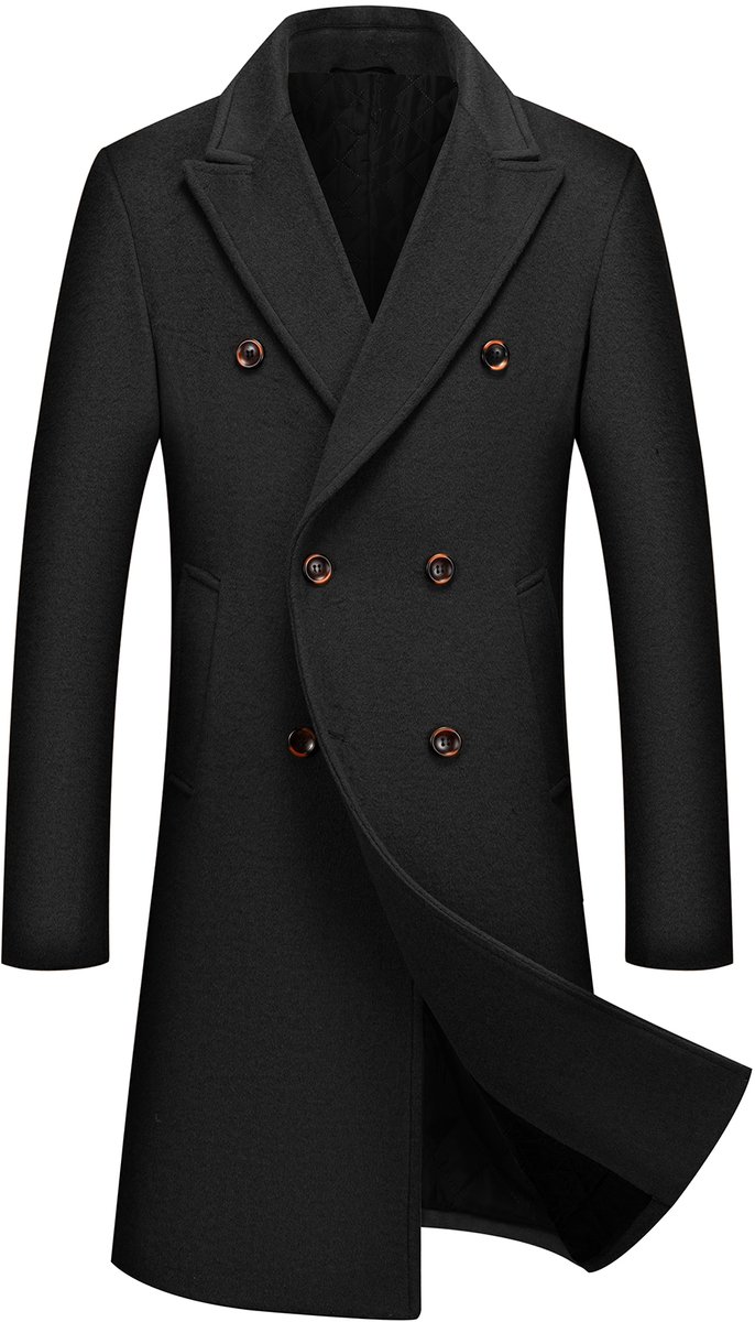 ALLTHEMEN Heren Wollen Winterjas Lange mantel Met Voering 2XL Zwart
