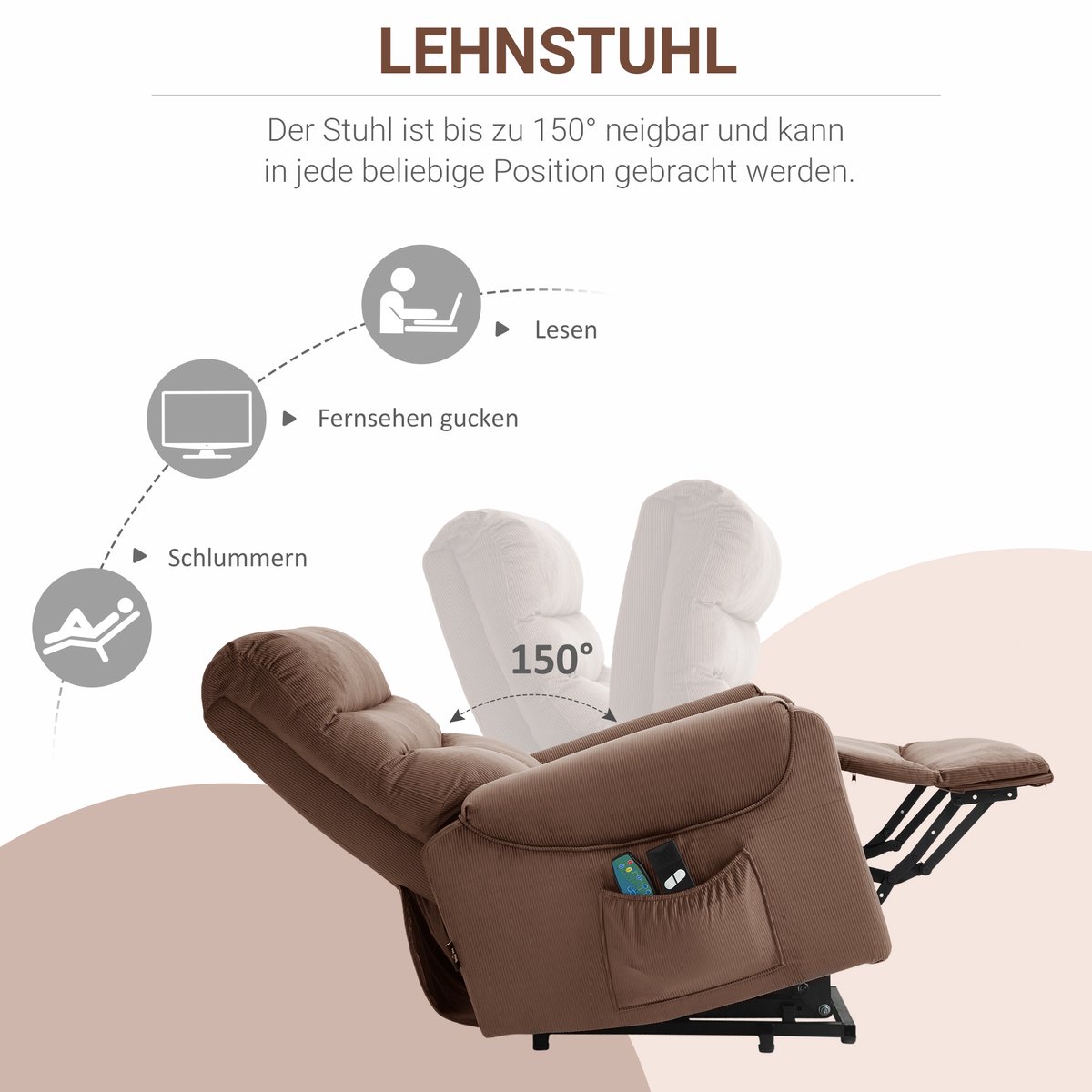 HOMCOM Relaxfauteuil met sta-op hulp en ligfunctie - Sta-op stoel massage verwarming senioren - Bruin – foto 5