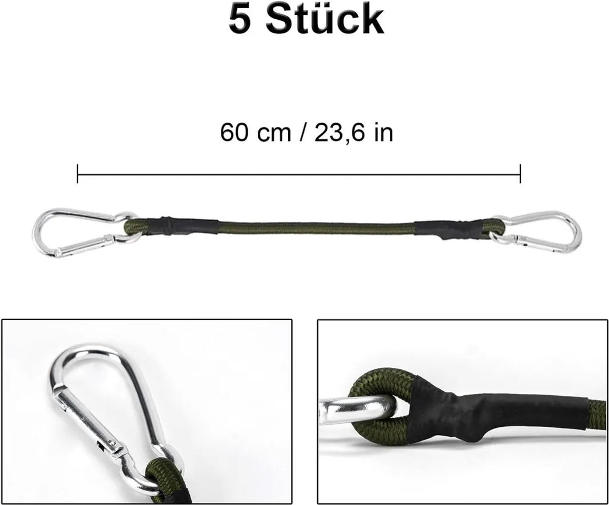 Een set van 5 rubberen touwen, elk 60 cm lang, Geschikt voor karabiners, Geschikt voor luifels, dekzeilen en bagage.