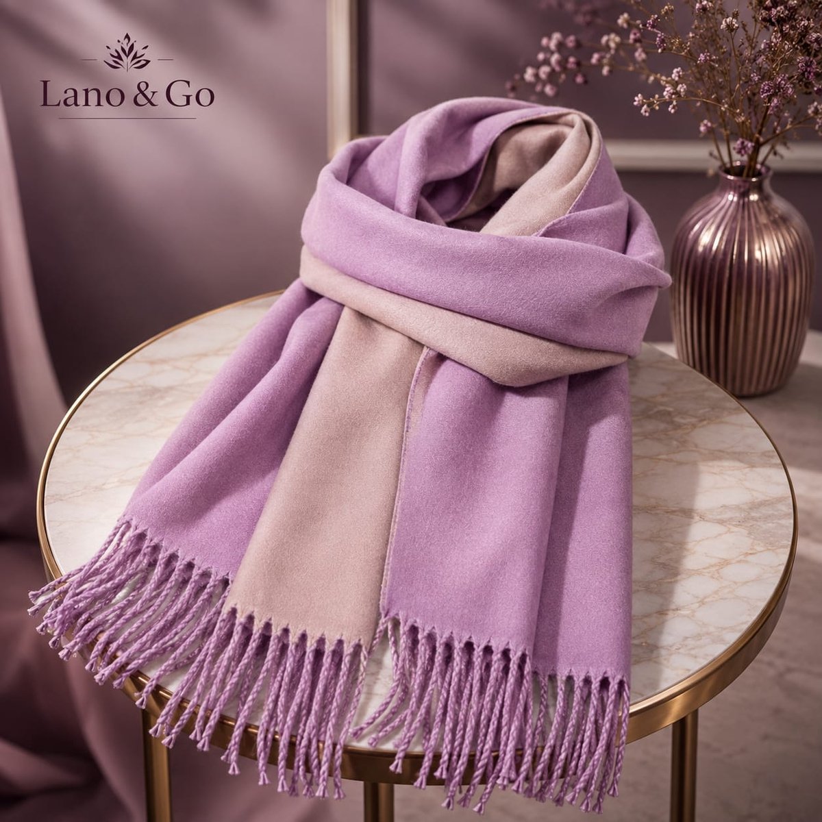 Lano&Go Omkeerbare winterse sjaal met kwastjes voor dames - Roze en Beige - Kasjmier blend