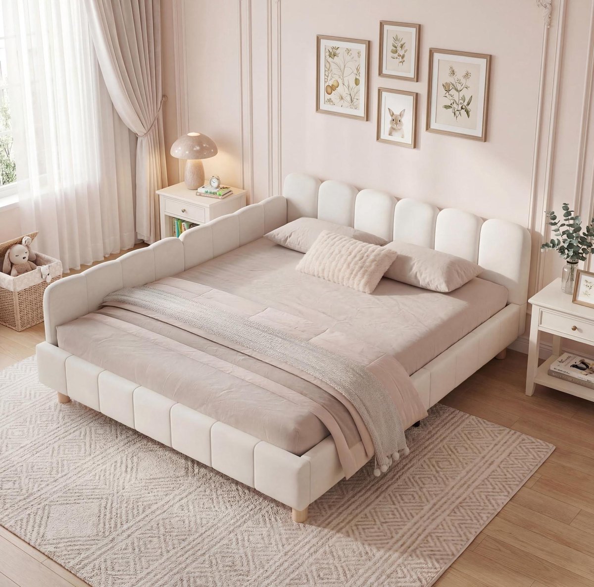 COVREO Kinderbed met uitvalbeveiliging – 140x200 cm – Bed van stof en hout – met lattenbodem en opbergtas – Beige - zonder matras