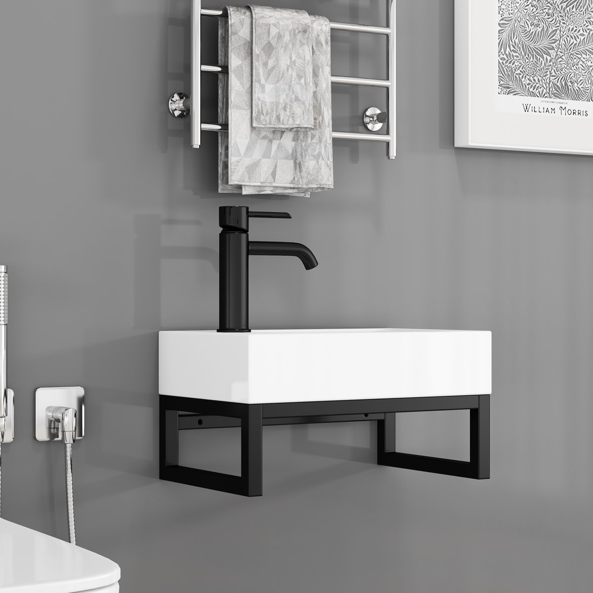REDOM - Montagevrij Wandwasbecken Mini - Kwadratisch mat wit keramiek waskom met zwart metaalframe, overloop, compleet gemonteerd, ruimtebesparend voor gastenbadkamer