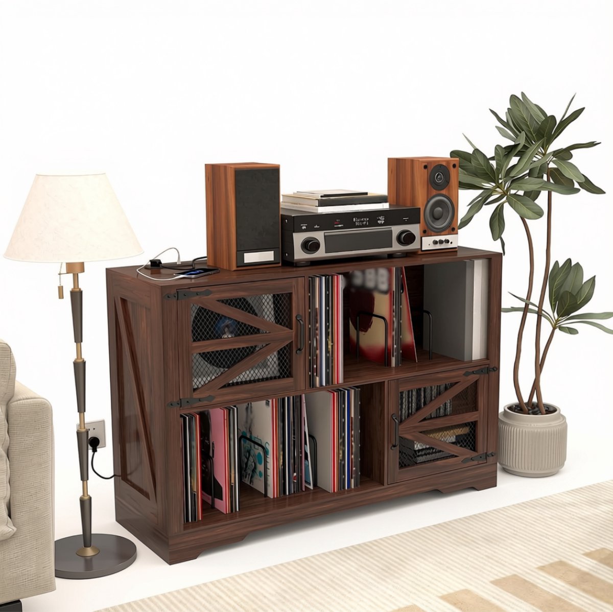 SNJY® Platenspeler Meubel - Platenspeler Kast - LP Houder - Platenhouder - 40D x 120B x 79H cm - Bruin