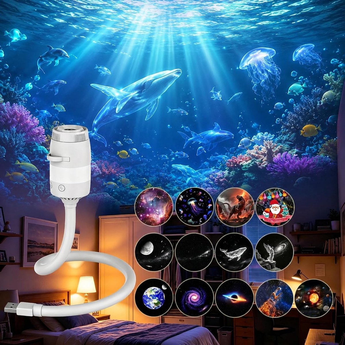 2in1 Sternenhimmel & Ozean Projektor – 13 Film, 5D Hologramm, 6 Farben dimmbar, 360° Schwanenhals, USB – Ideale Kinderzimmer
