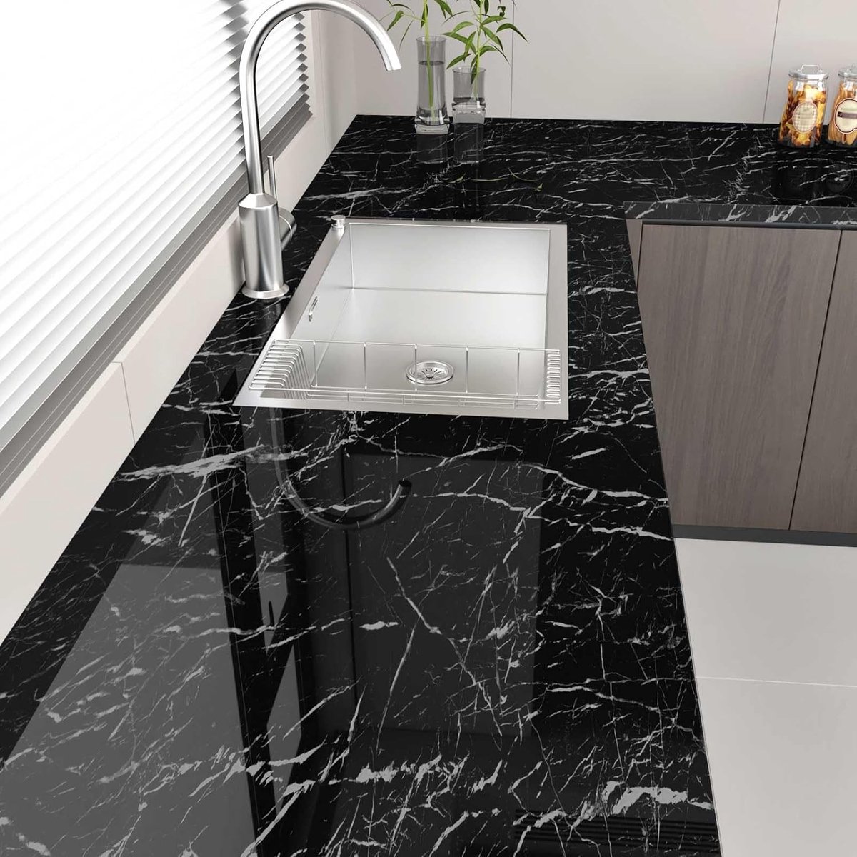 Zwart Marmer Effect Zelfklevend Vinyl Behang - Wasbaar Keuken Werkblad Vinyl - 40 x 200 cm voor Makkelijk Onderhoud en Stijlvolle Afwerking