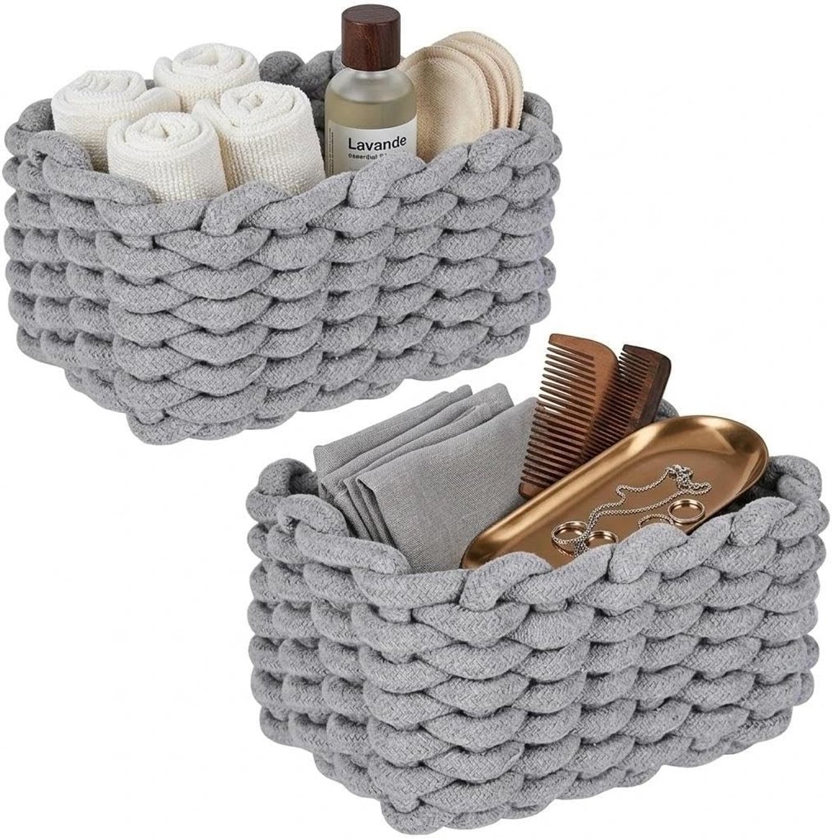 Opbergmand van Katoen, Gevlochten Mand voor Toiletpapier, Cosmetica, Speelgoed en Huishoudaccessoires, 19 x 15 x 12 cm, Grijs, Set van 2, Duurzaam en Stijlvol