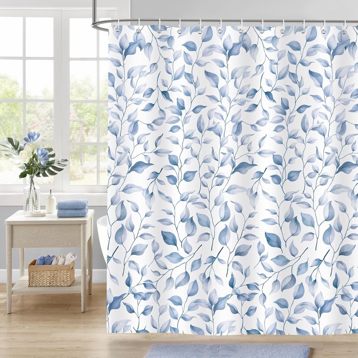 Blauwe Waterverf Bladeren Douchegordijn, Plantenblad Badkamer Gordijn 180x180cm, Waterdicht en Schimmelbestendig met 12 Haken voor een Stijlvolle Badkamer